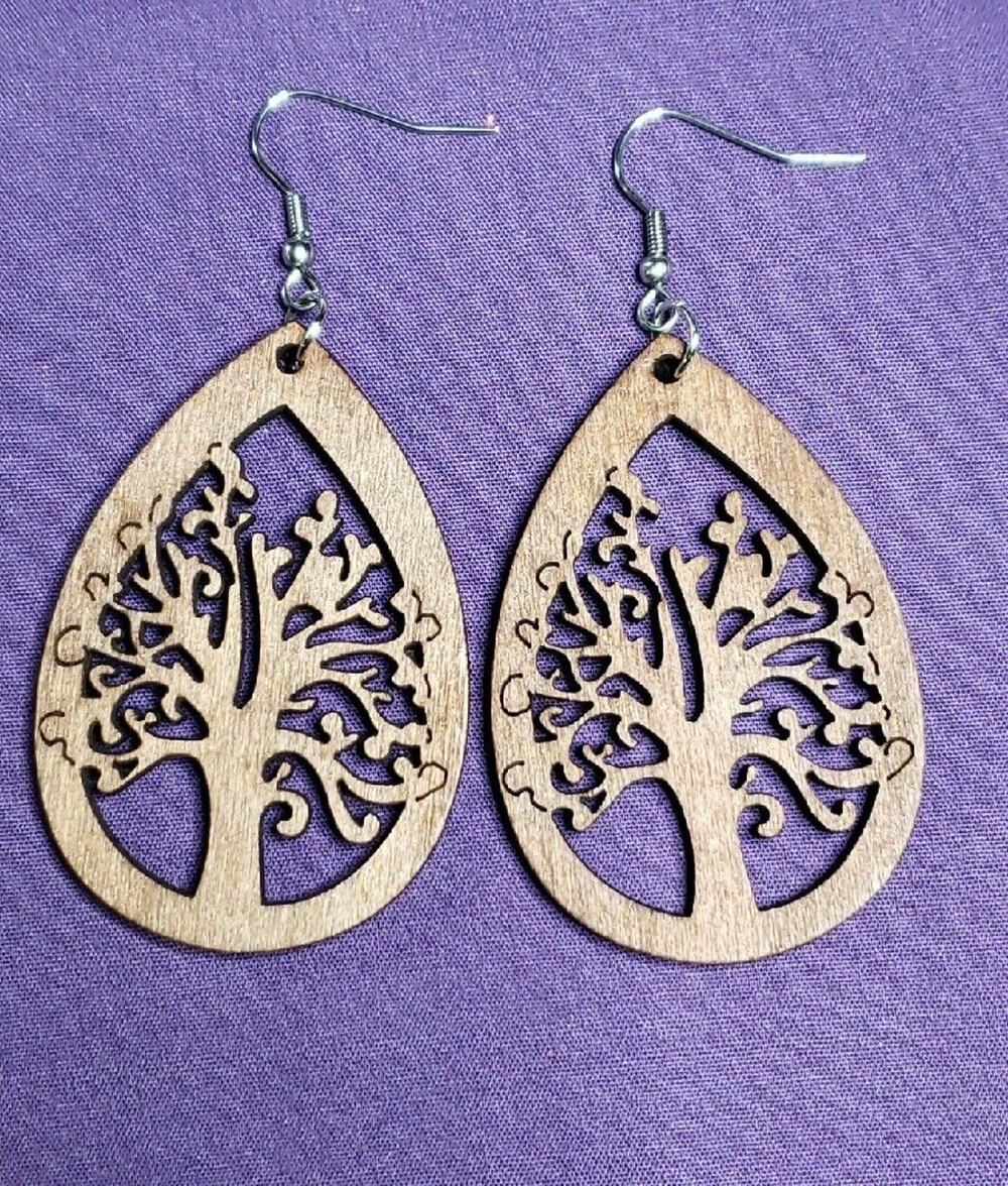 Tree of Life Earrings Open Carved Wood Teardrop Shape Dangle Silver Tone 3"